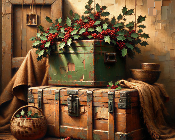 Vintage Holiday Scene with Wooden Chests and Decor