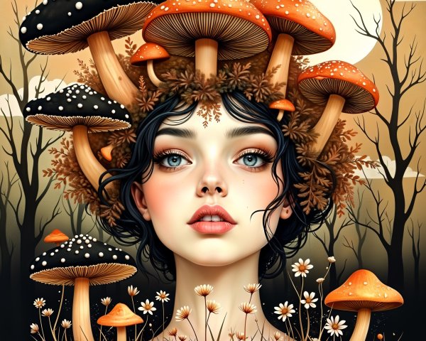 Young woman with mushroom crown in mystical landscape