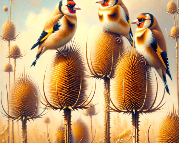 Goldfinches on Thistle Flowers in a Golden Landscape