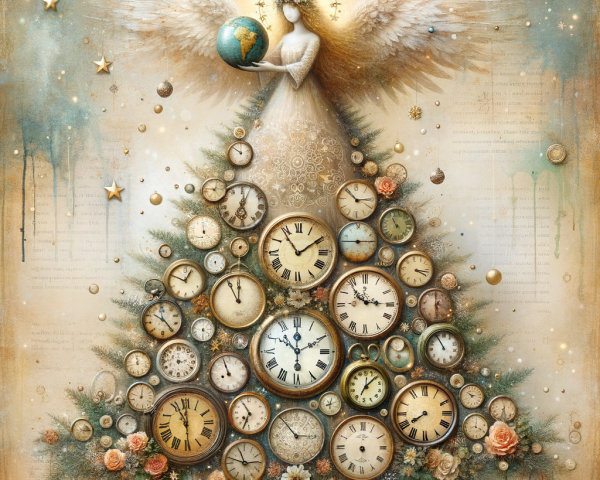 Vintage Clock Christmas Tree with Angel and Stars