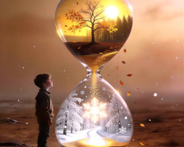 Young boy gazes at giant hourglass in contrasting landscapes