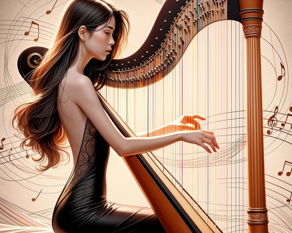 Elegant Woman Playing Harp in Soft Lighting