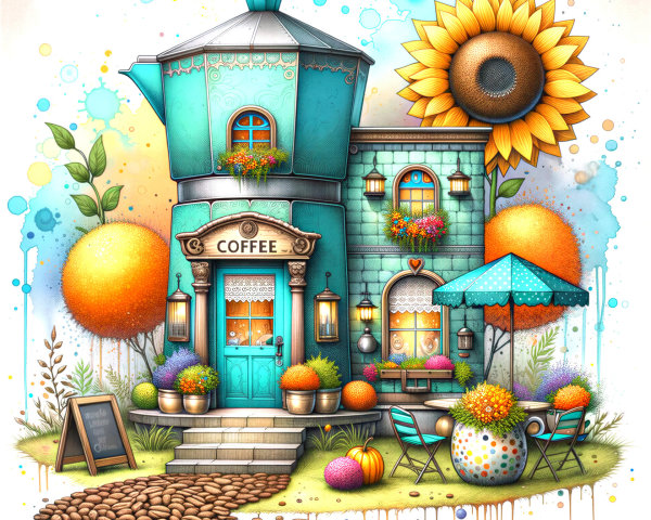 Whimsical Coffee Shop with Turquoise Exterior and Decor