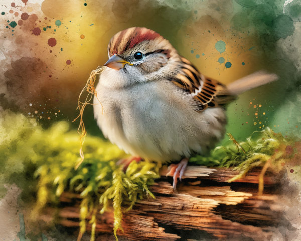 Sparrow on Mossy Log in Serene Natural Setting