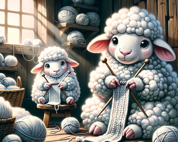 Mother Sheep and Lamb Knitting in Sunlit Room