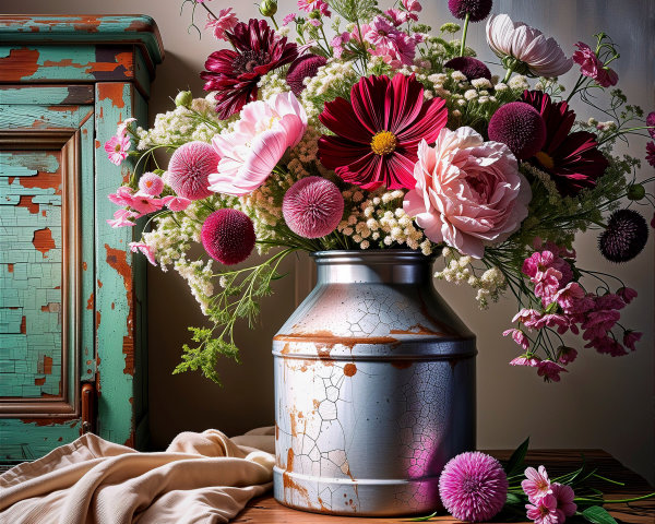 Rustic Metallic Vase with Vibrant Flower Arrangement