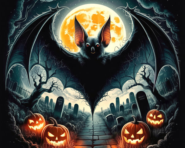 Spooky Bat Over Graveyard with Jack-o'-Lanterns