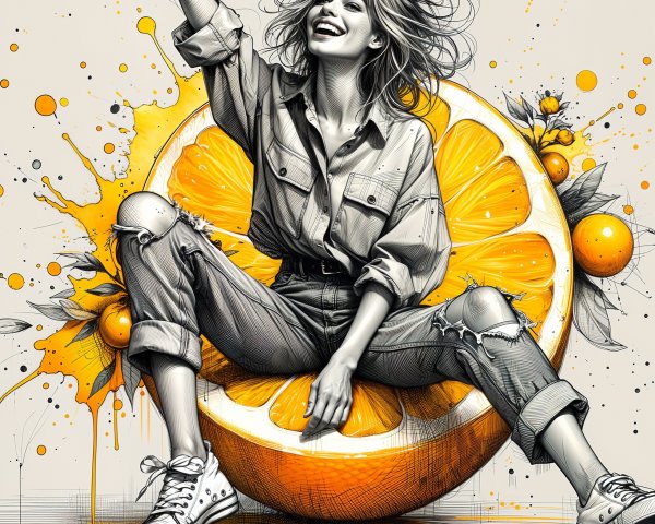 Woman in Giant Orange Slice Surrounded by Citrus Fruits