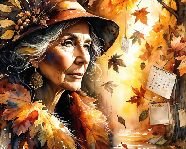 Elderly Woman in Autumn Setting with Golden Leaves