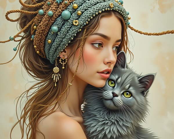 Young woman with cat in bohemian-style setting