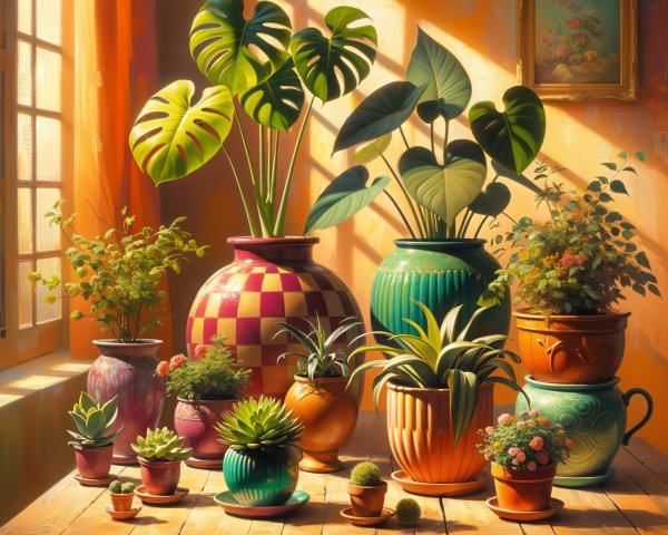 Indoor Scene with Colorful Potted Plants and Sunlight