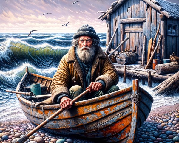 Elderly Man Rowing Boat Near Rocky Shoreline