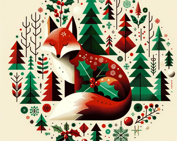 Christmas Folk Art Illustration of a Sleeping Fox