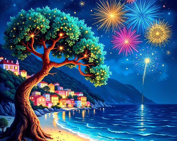 Vibrant Nighttime Seaside Scene with Fireworks