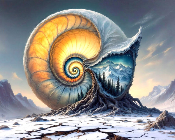 Surreal Landscape with Giant Nautilus Shell Uncoiling