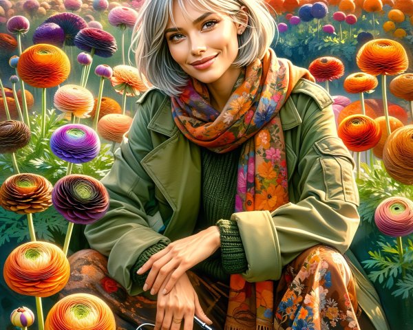 Cheerful Woman in Greenhouse Surrounded by Flowers