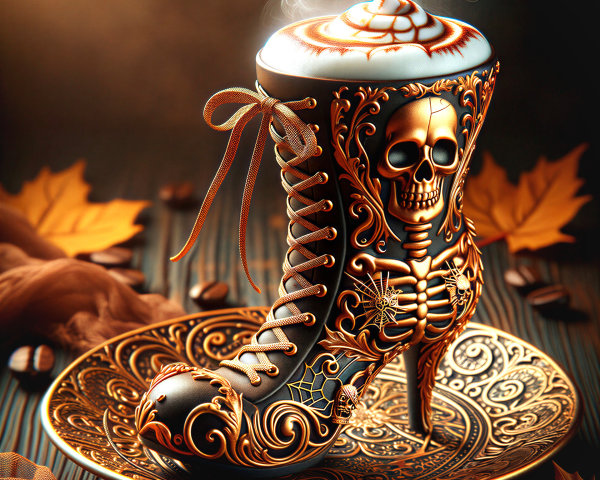 Gothic High-Heeled Boot with Eerie Designs and Coffee