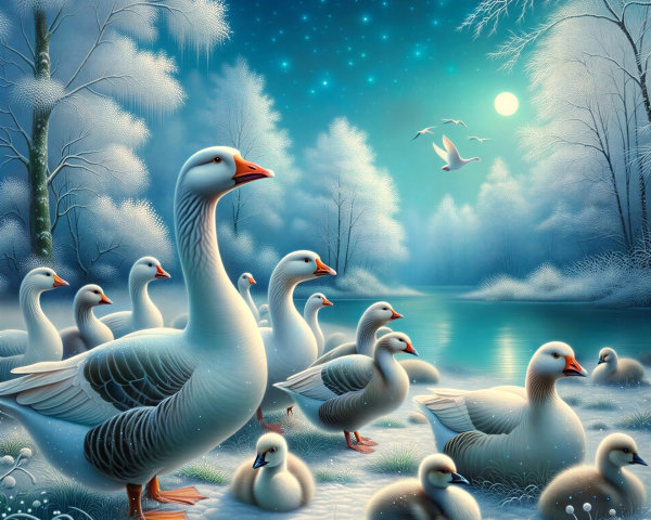 Winter Scene with Geese and Snowy Landscape