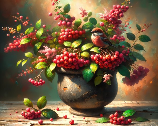 Vibrant Still Life of Berries and Foliage in Pot