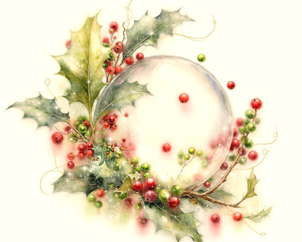 Watercolor Painting of Winter Foliage and Glass Orb