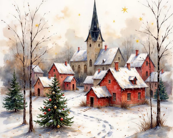 Whimsical Christmas Village Watercolor Painting Description