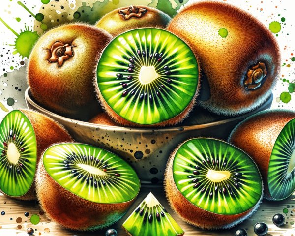 Vibrant Kiwi Arrangement in Rustic Bowl with Watercolor