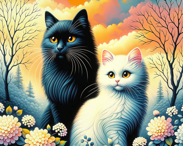 Black and white cats in a colorful sunset landscape