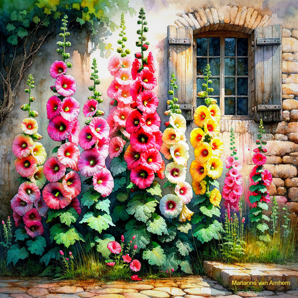 Vibrant Hollyhock Flowers Against Rustic Stone Wall