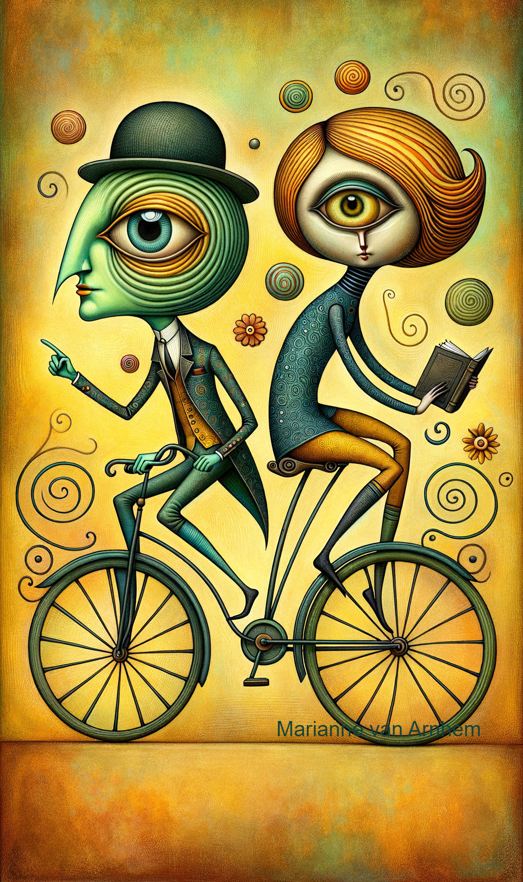 Whimsical Characters on Bicycle in Vibrant Background