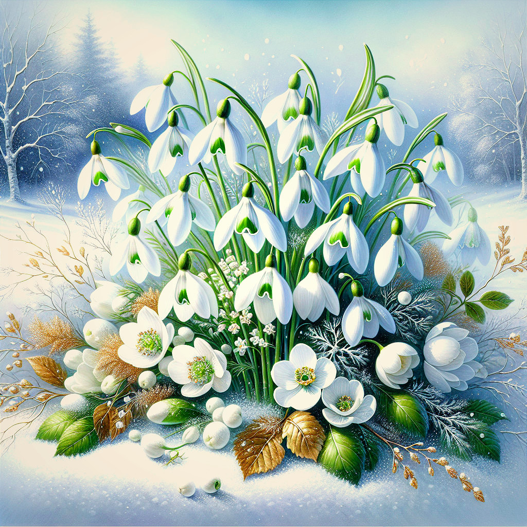 Delicate Snowdrops in a Serene Winter Landscape