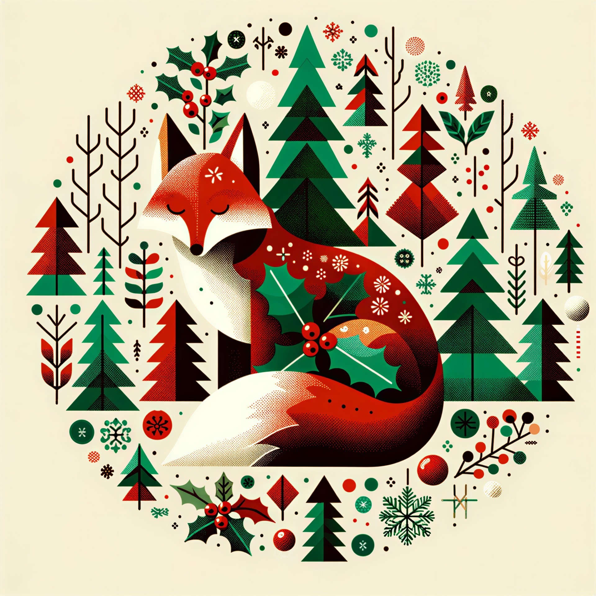 Christmas Folk Art Illustration of a Sleeping Fox