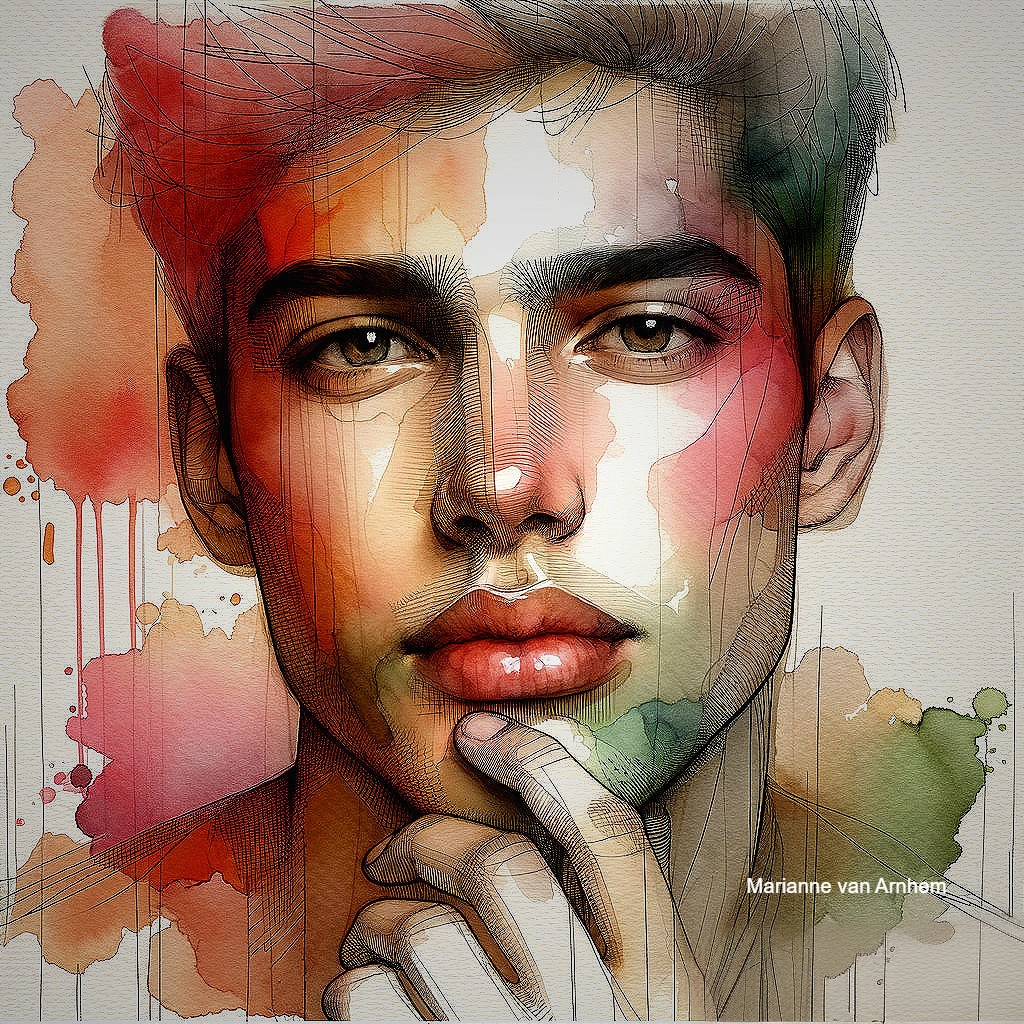 Portrait of a Young Man in Watercolor and Line Art