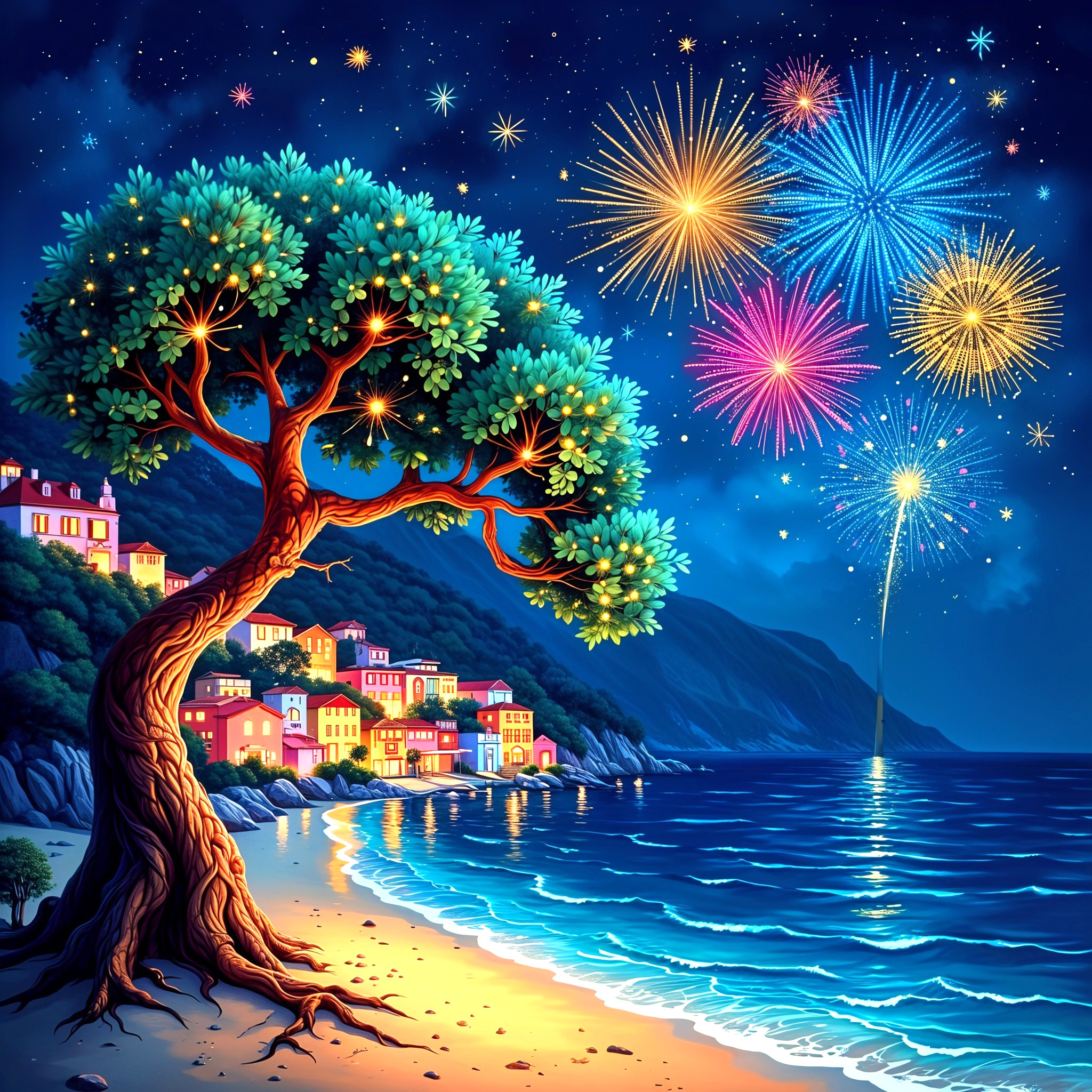 Vibrant Nighttime Seaside Scene with Fireworks