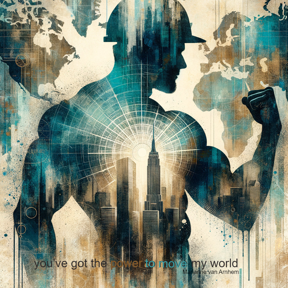 Muscular Silhouette with World Map and Cityscape Background