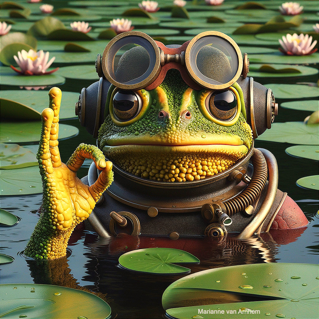 Steampunk Frog in Diving Suit at Serene Pond