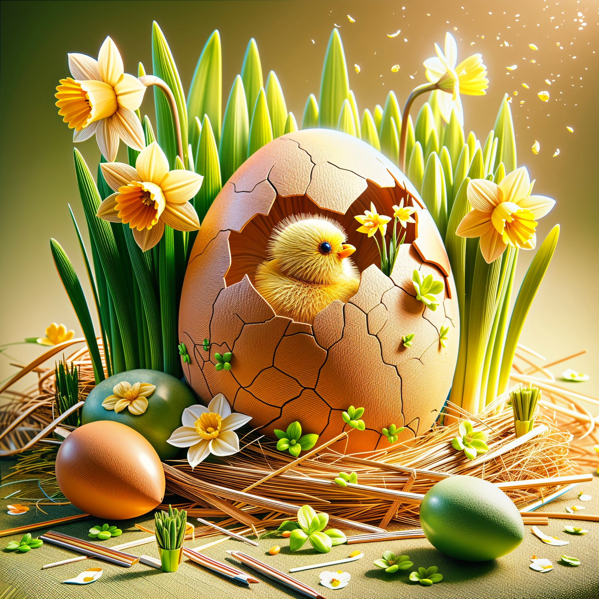 Spring Scene with Chick, Eggs, and Daffodils