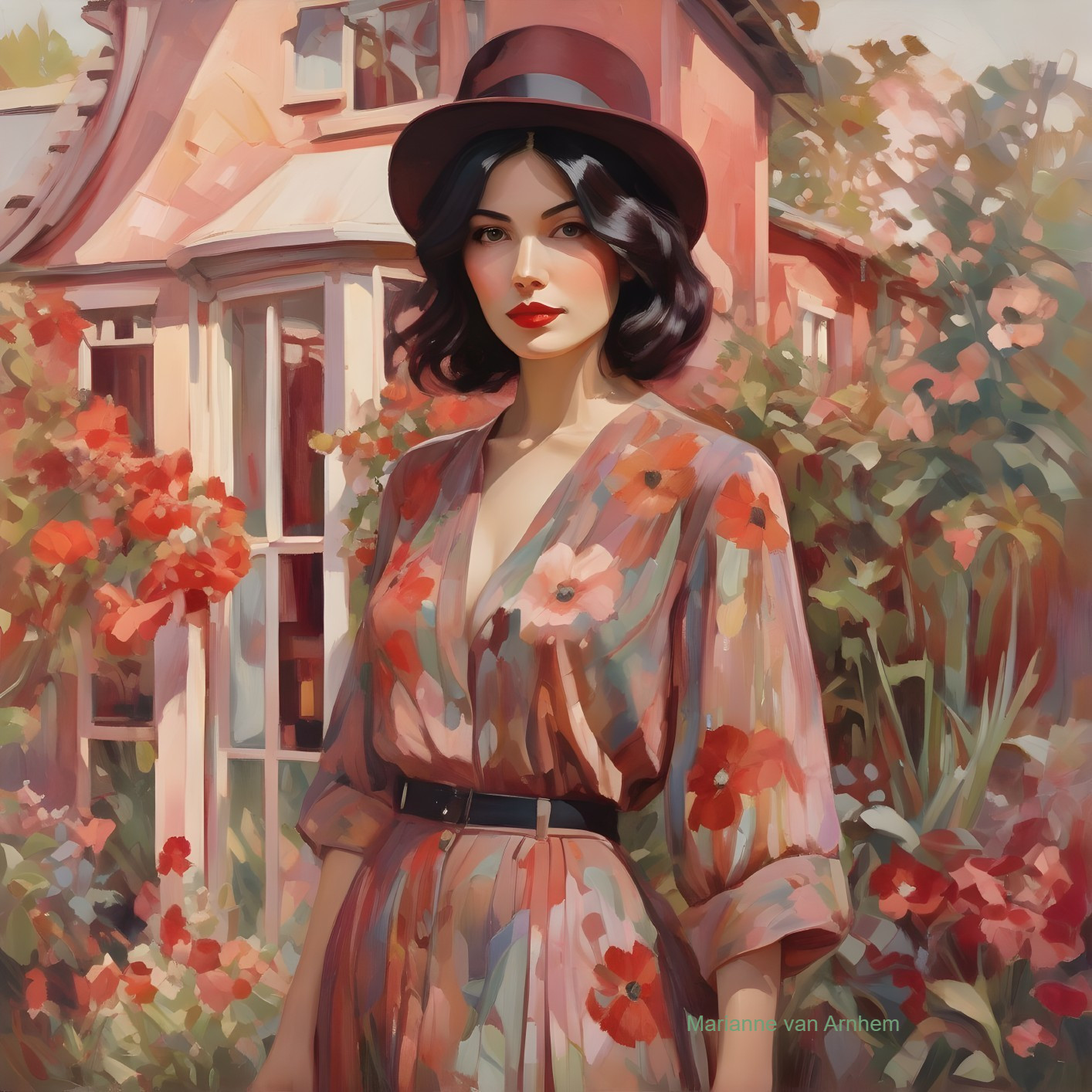 Stylish woman in floral dress and black hat with quaint house and red flowers.
