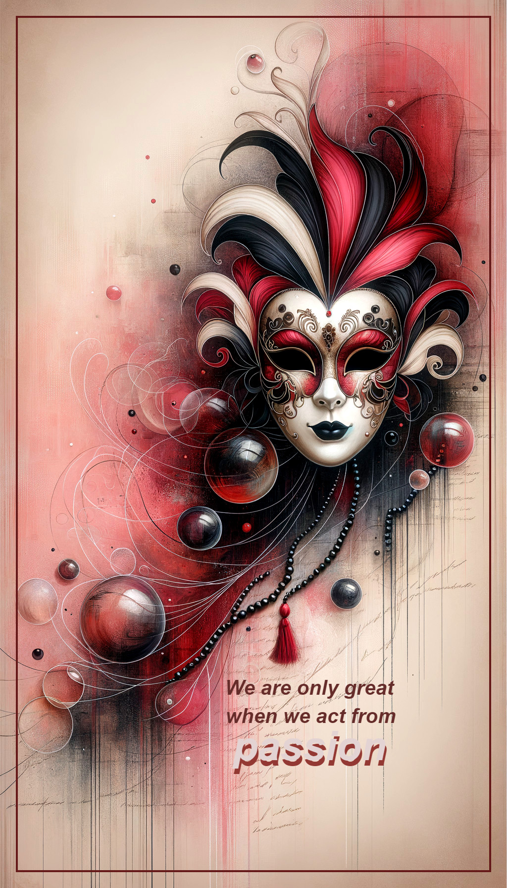 Ornate Masquerade Mask with Red Accents and Bubbles