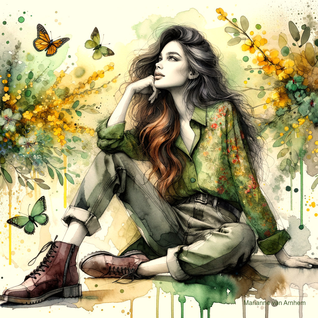 Whimsical Illustration of a Thoughtful Young Woman