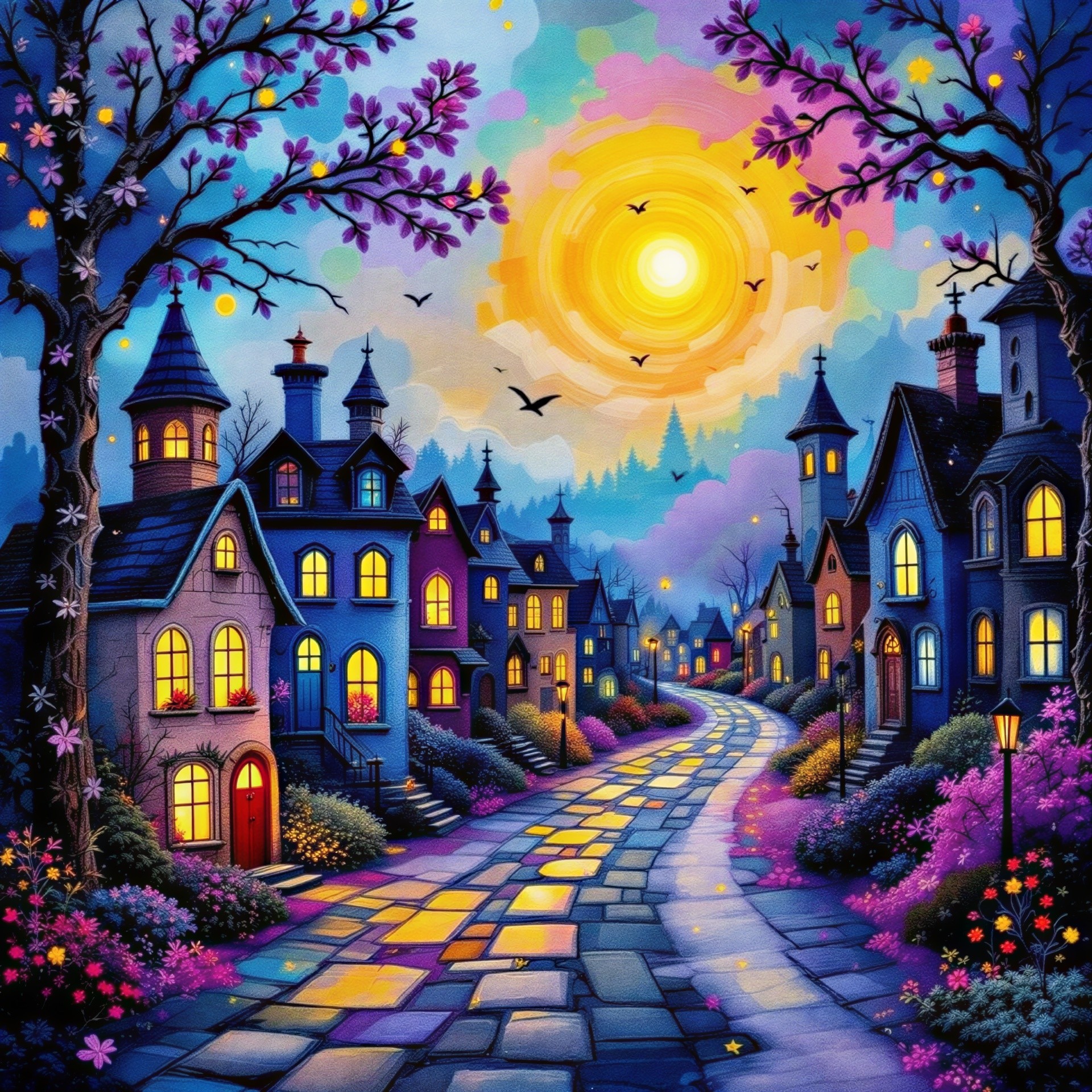 Whimsical Sunset Street with Colorful Homes