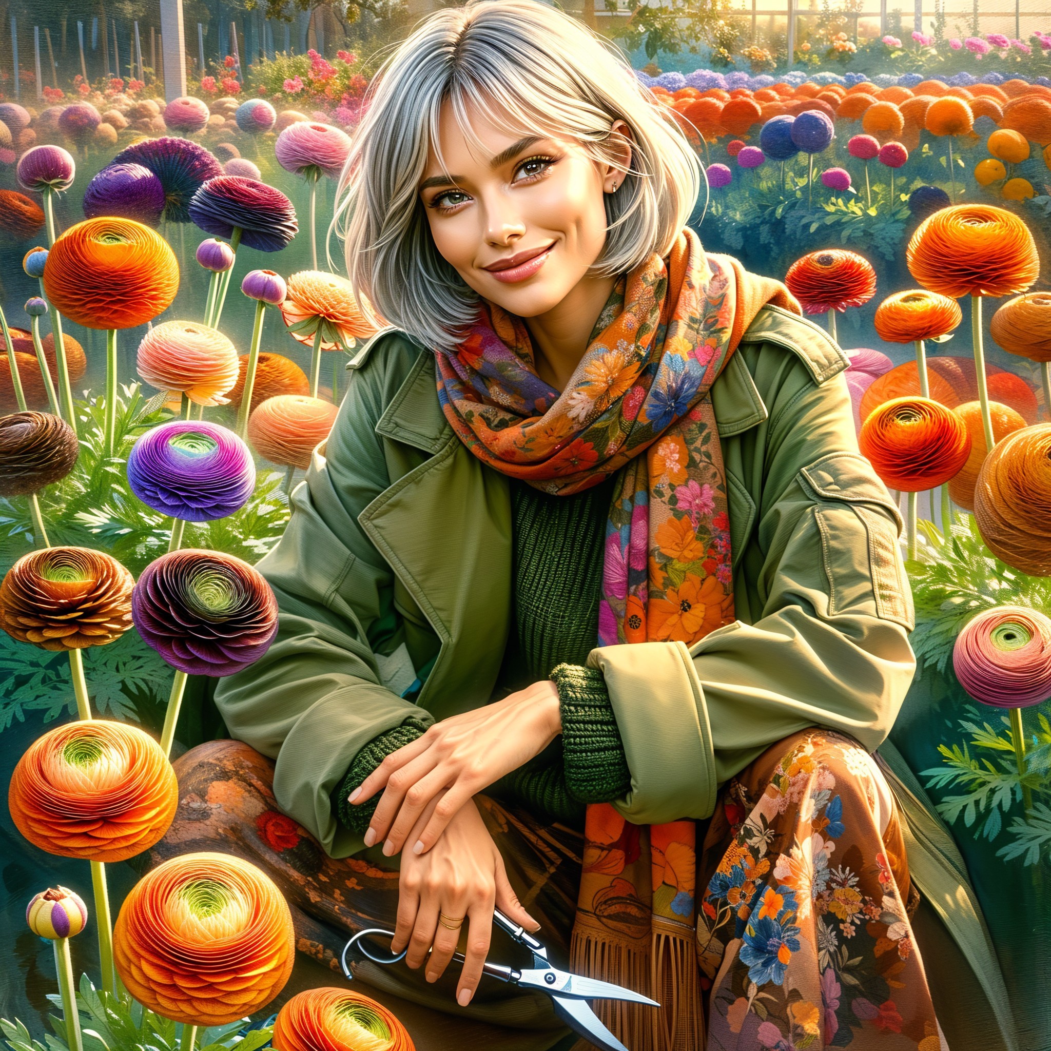 Cheerful Woman in Greenhouse Surrounded by Flowers