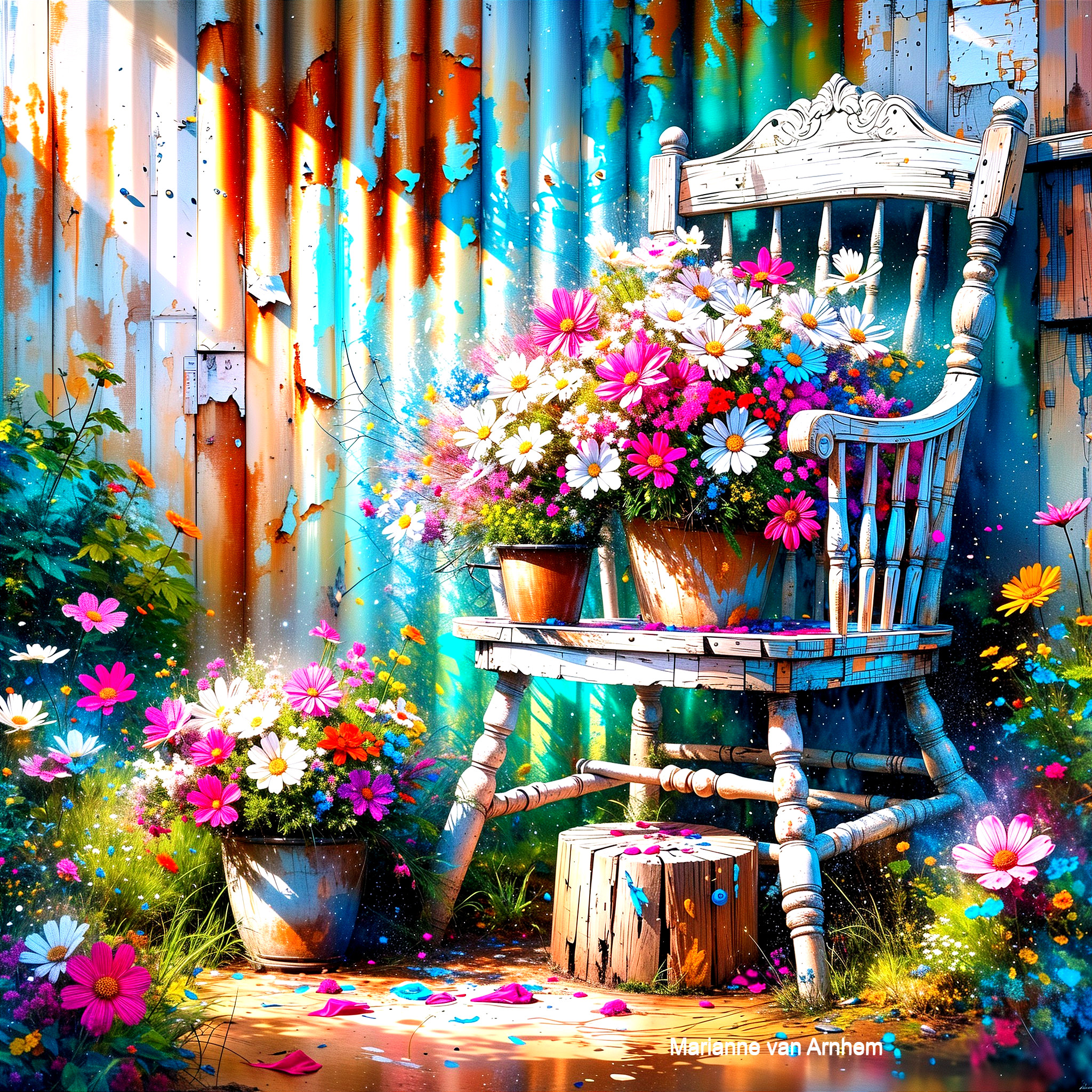 Vibrant Garden Corner with Wooden Chair and Flowers