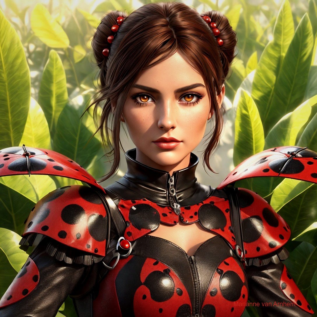 Character in Ladybug-Inspired Outfit Surrounded by Foliage