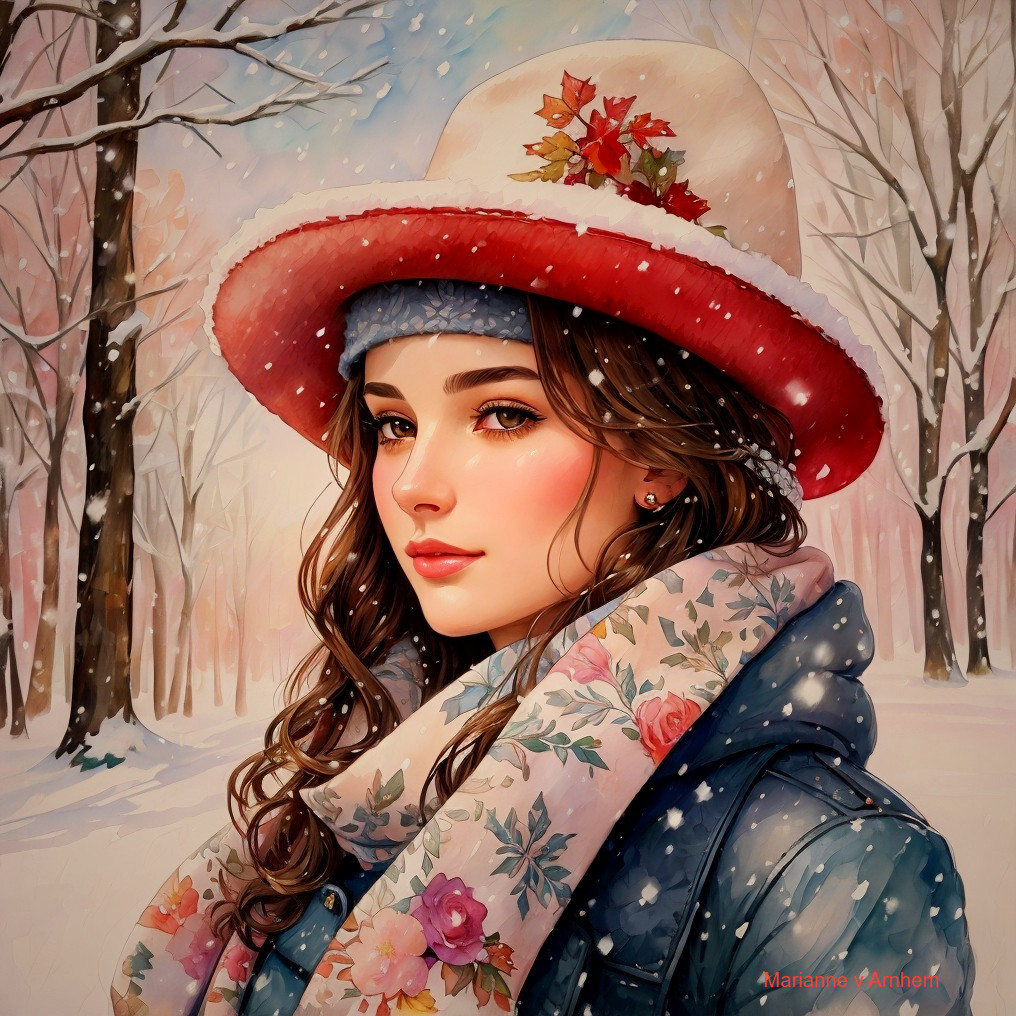Young woman with brown hair in red hat and floral scarf in snowy forest.