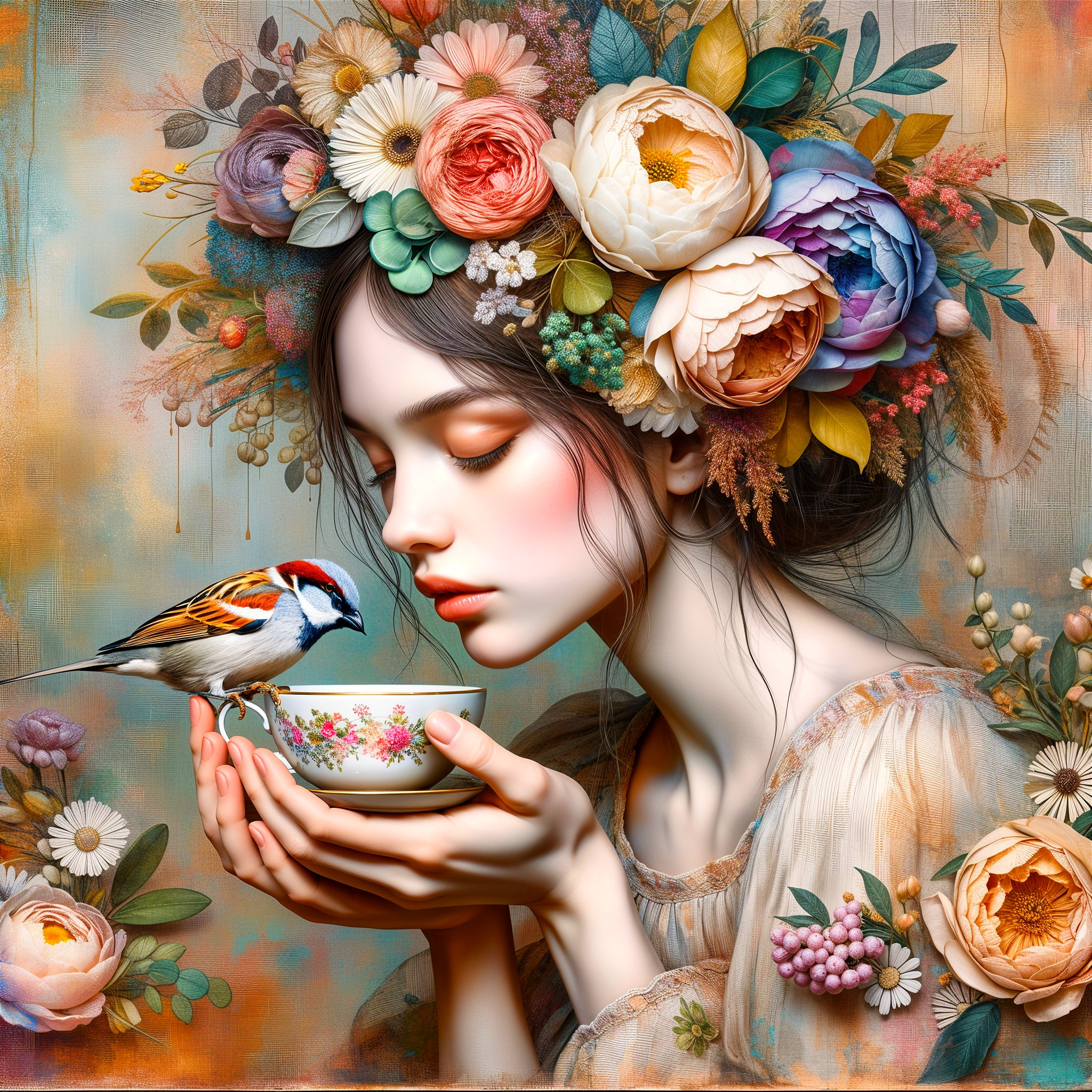 Young Woman with Floral Crown and Teacup in Nature