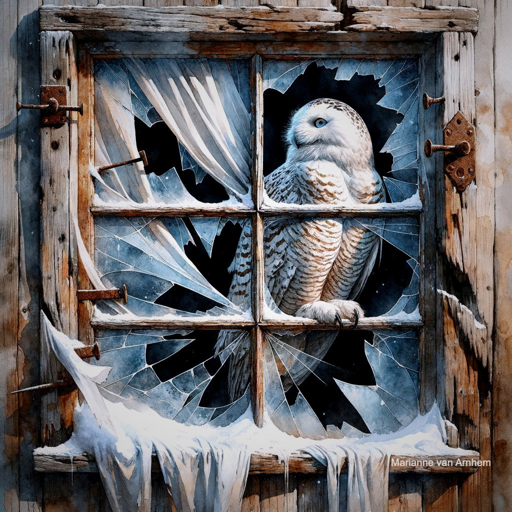 Owl Perched in Frost-Covered Shattered Window