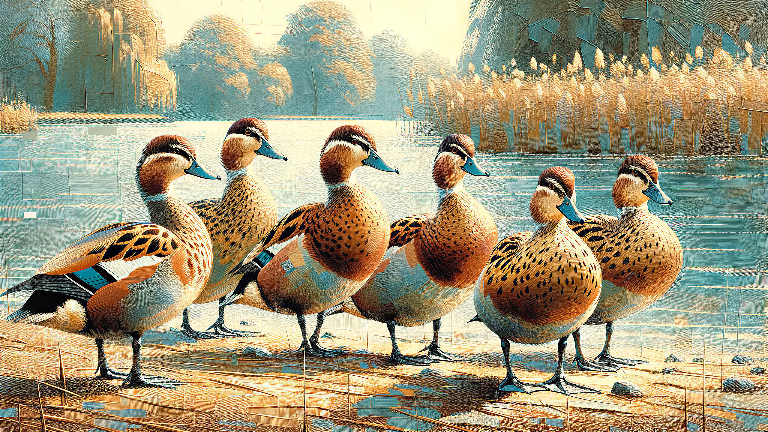 Ducks by a serene lake with patterned feathers