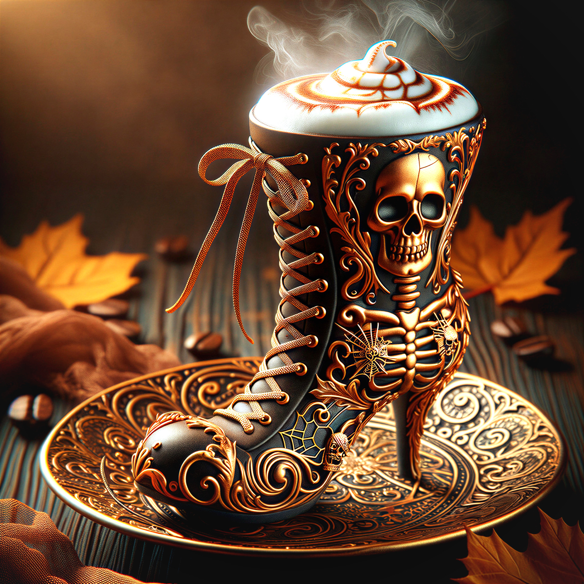 Gothic High-Heeled Boot with Eerie Designs and Coffee