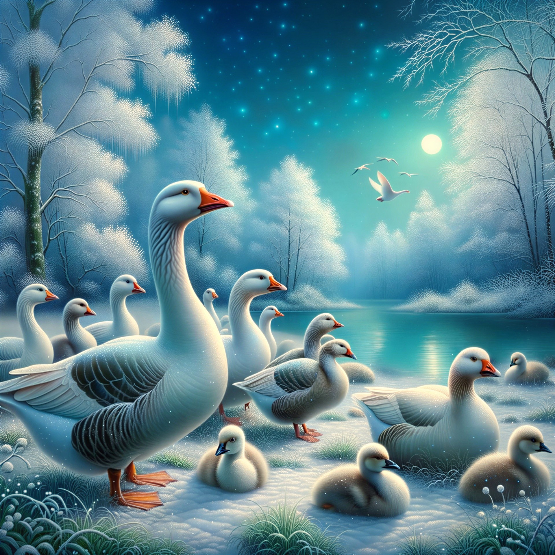 Winter Scene with Geese and Snowy Landscape