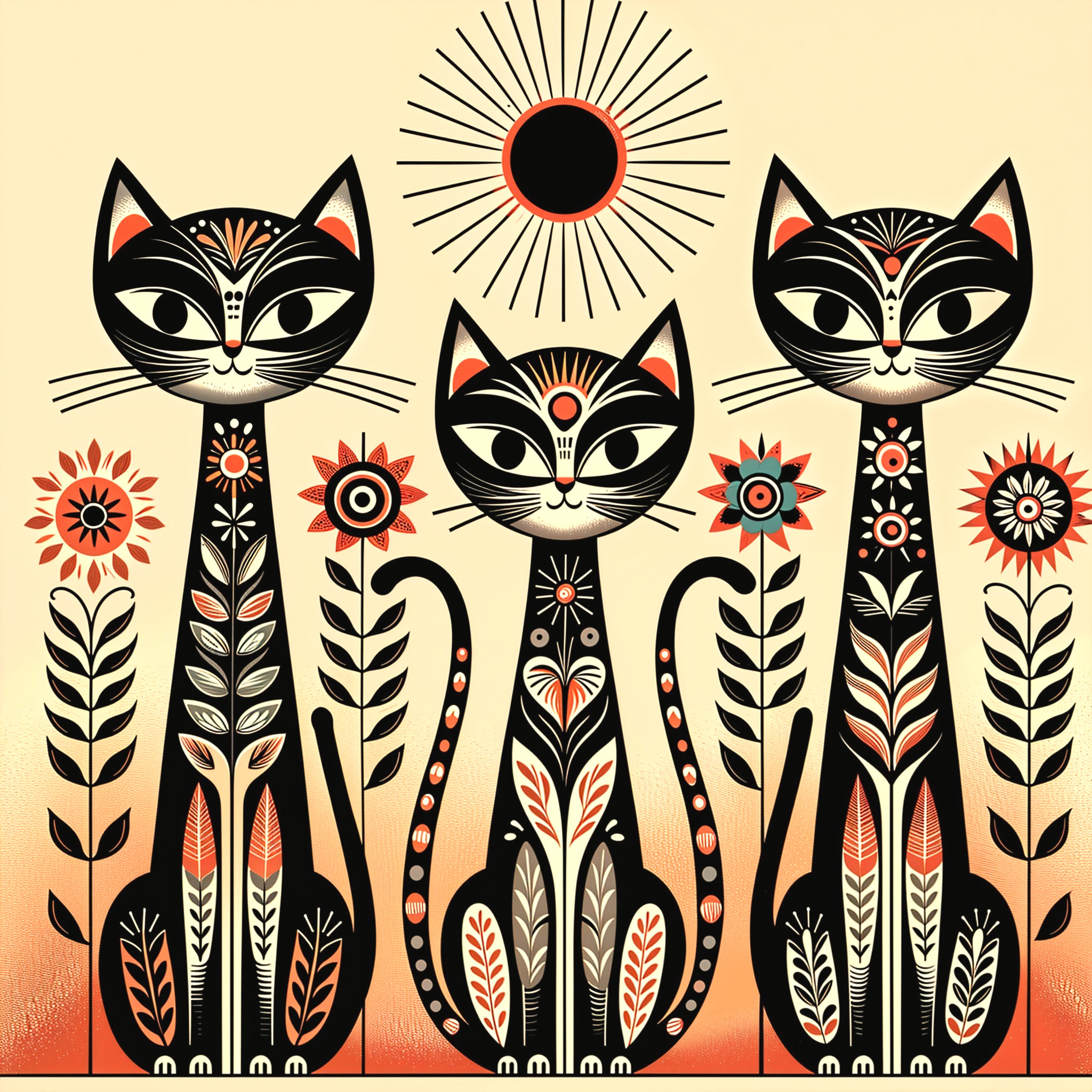 Stylized Black Cats with Floral Designs in Sunlit Scene